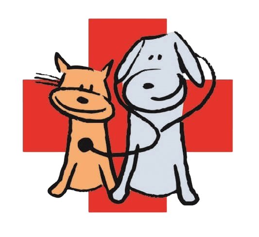 Veterinary care icon: cat and dog illustration Illustrated icon of a cat and dog standing side by side in front of a red cross symbol, representing veterinary care