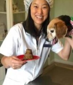 Dr. Sarah Oh: veterinarian, Abbott Animal Hospital Dr. Sarah Oh, veterinarian at Abbott Animal Hospital in Lilburn, GA, holding a treat for a beagle patient
